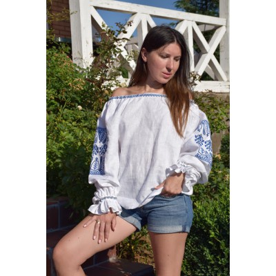 Boho Style Embroidered Offshoulder Blouse White with Blue Embroidery